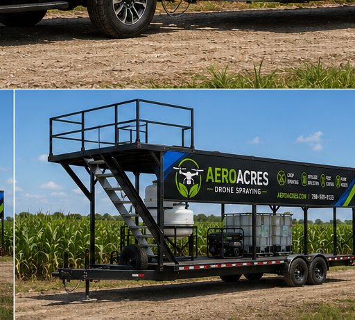 AeroAcres drone spray support trailer — mobile water and chemical staging
