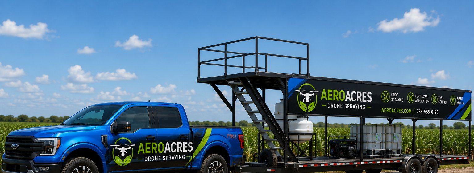 AeroAcres branded truck and drone spray trailer rig serving South Florida agriculture