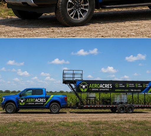 AeroAcres mobile spray unit truck pulling drone trailer in South Florida